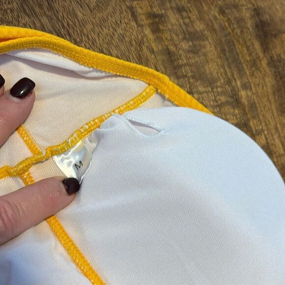 EastElegant Maternity Ruffle Ribbed One Piece Square Ring Linked Suit yellow - Picture 4 of 7